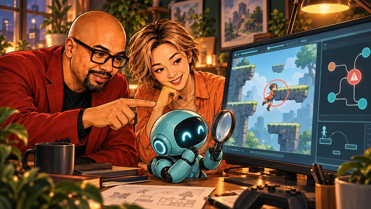 Patrick, Su, and a teal robot investigate a character colliding with a platform in a game